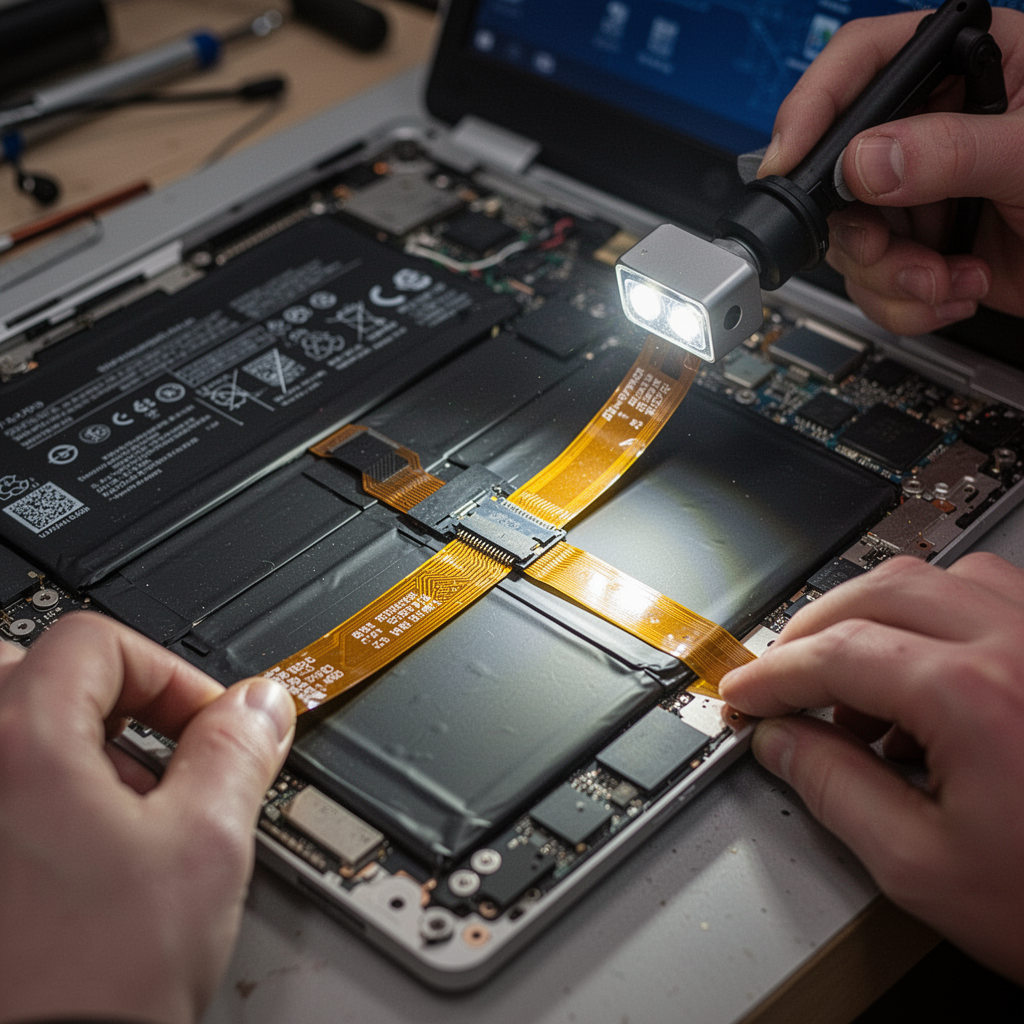 A macro photography shot of the inside of a laptop, focusing on the battery connector ribbon cable, illuminated by a small LED work light, showing professional repair technique.