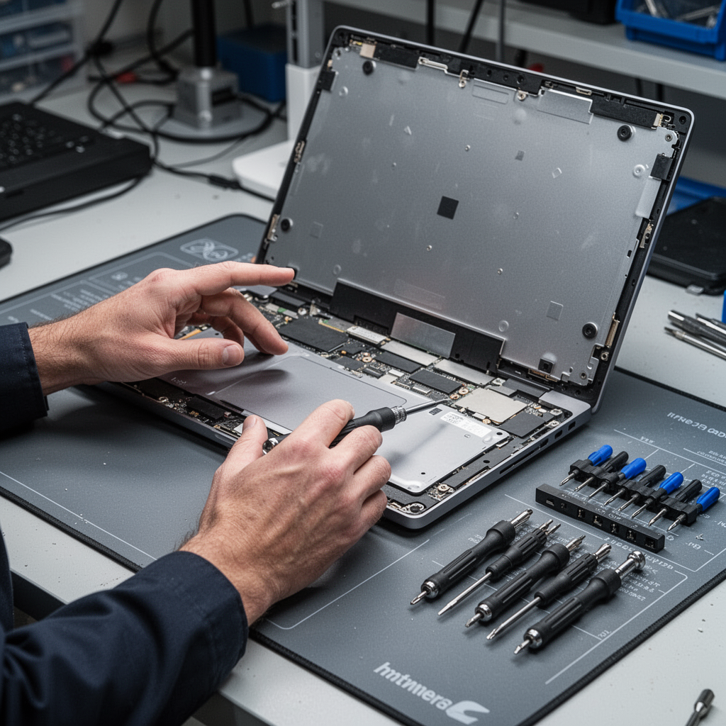 A professional, high-resolution close-up shot of a person's hands holding a modern laptop, with the bottom panel removed, using a precision screwdriver set on a clean, anti-static mat.