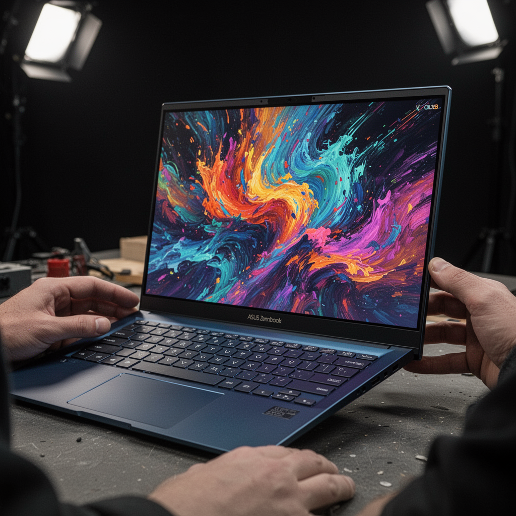 A high-end professional studio shot of an Asus Zenbook 14 OLED open, displaying a vibrant, colorful abstract digital art piece on the screen, showing the metallic blue chassis and sleek profile, dark studio background, cinematic lighting.