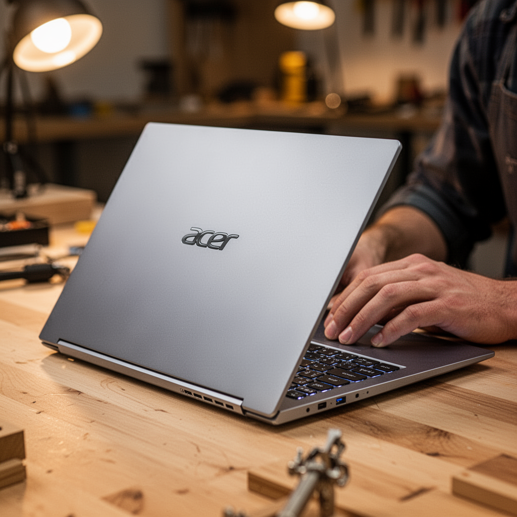 A professional, high-resolution close-up photograph of an Acer Swift 3 silver laptop sitting on a clean wooden desk, warm office lighting, soft bokeh background, sharp focus on the aluminum lid and backlit keyboard.
