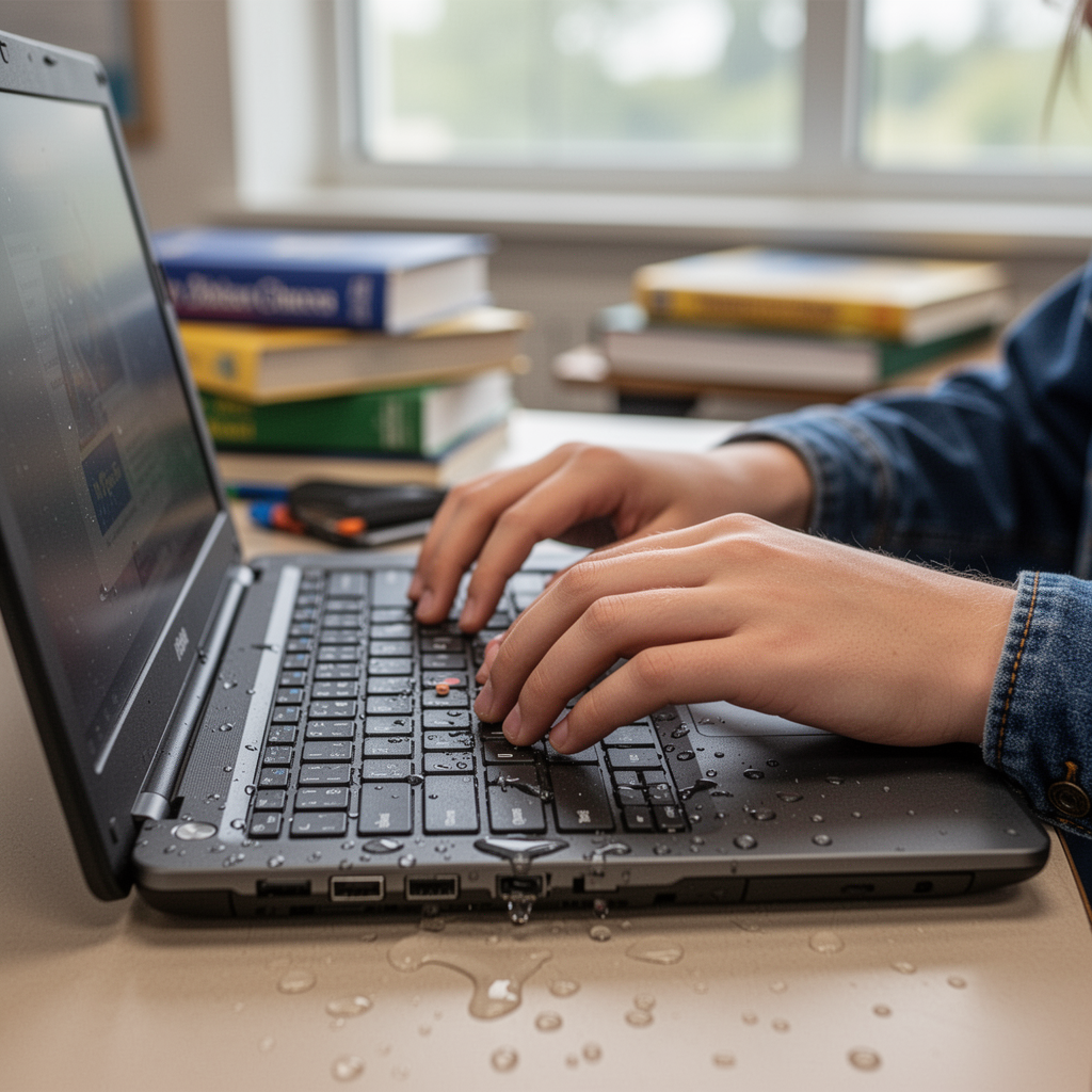 A close-up, macro shot of a high school student's hands typing on a durable, spill-resistant laptop keyboard inside a classroom setting, soft bokeh background of school books and a blurred window.
