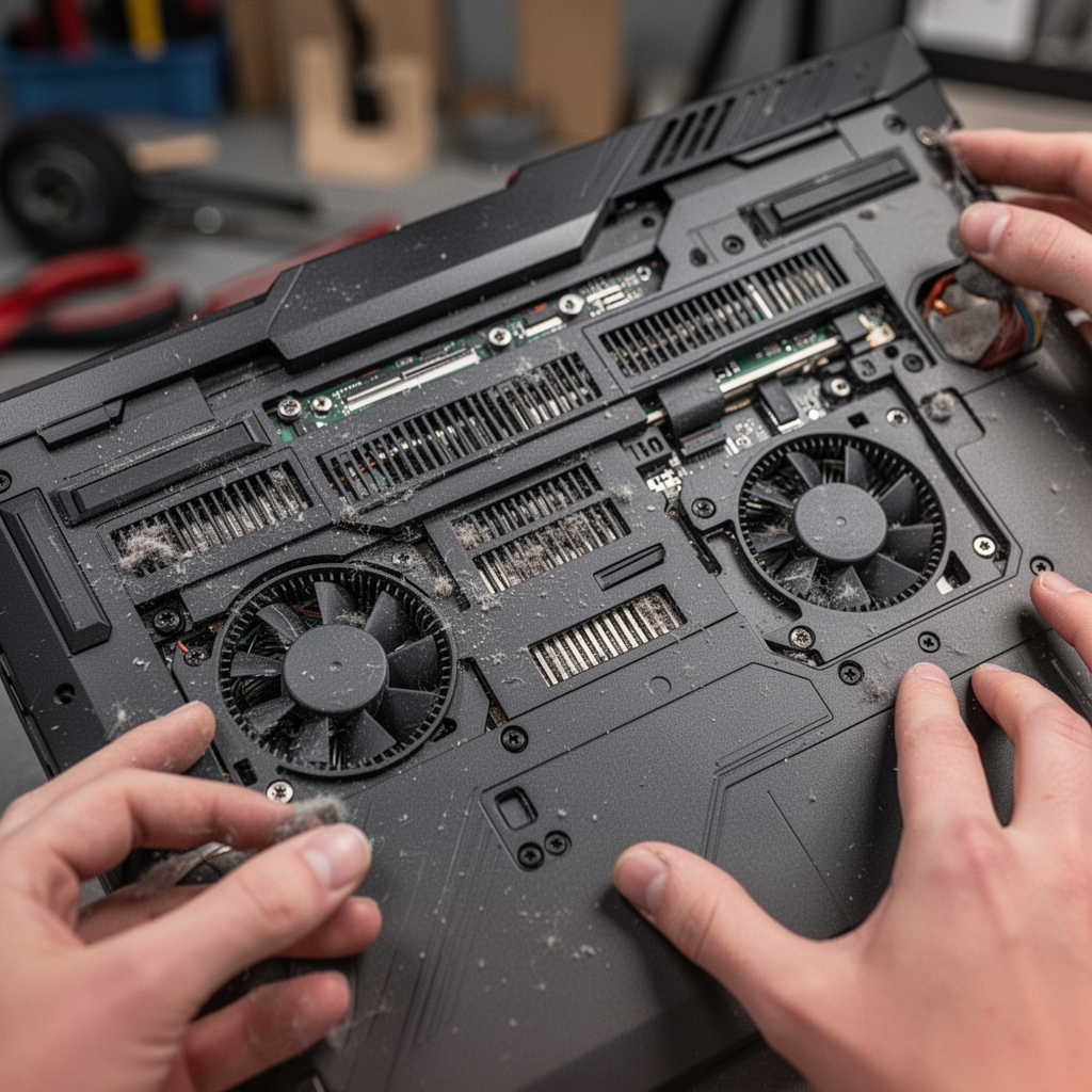 Close-up macro shot of the ventilation system and intake fans on the underside of a high-end gaming laptop, dust-free, showing precision engineering.
