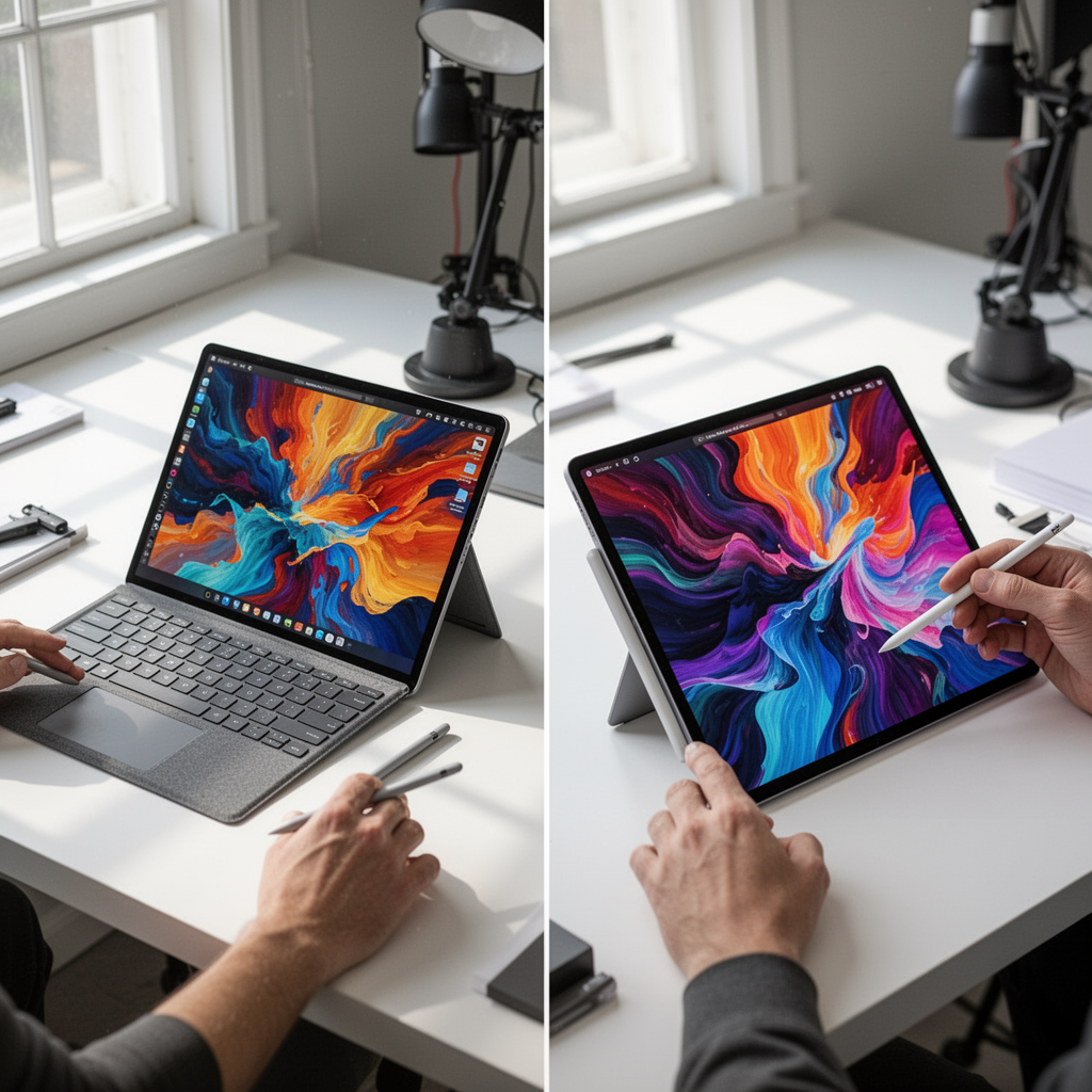 A professional split-screen studio photography shot showing a Microsoft Surface Pro 9 with a stylus on the left, and an Apple iPad Pro with an Apple Pencil on the right, both displaying vibrant abstract digital art on a clean white desk setup with natural sunlight.