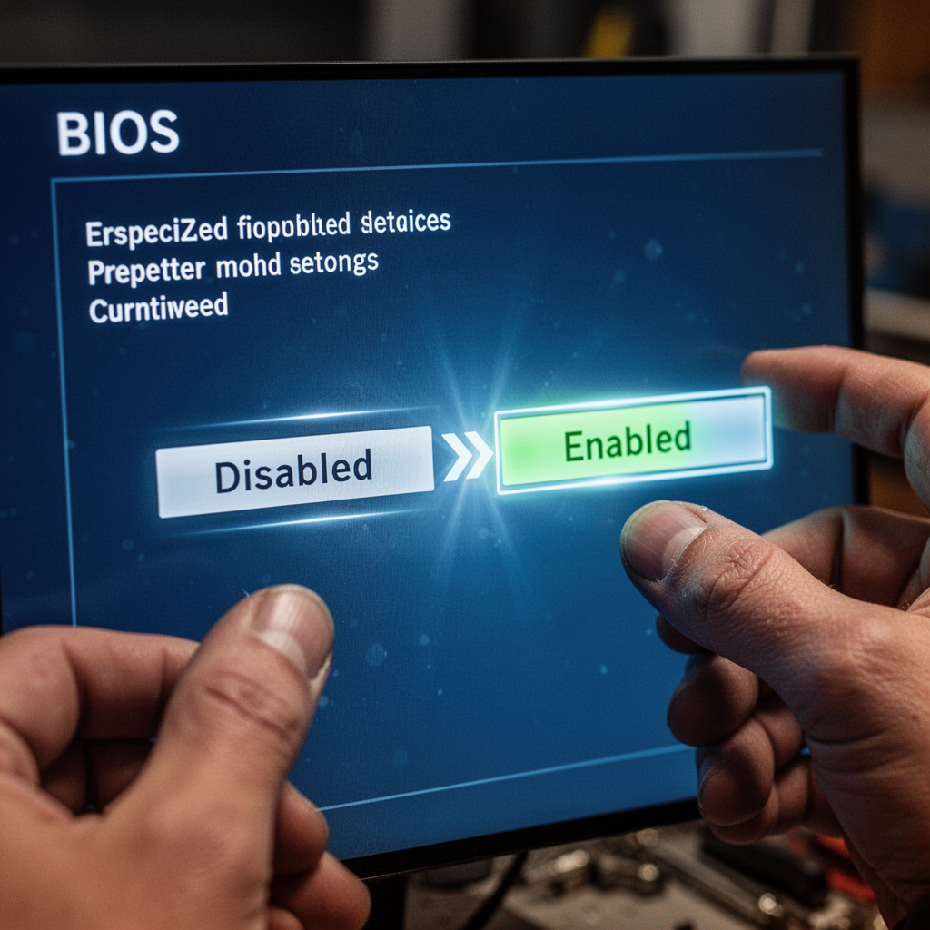 A macro shot of a BIOS setting menu showing the toggle switch transitioning from 'Disabled' to 'Enabled', sharp focus, soft blue background glow.