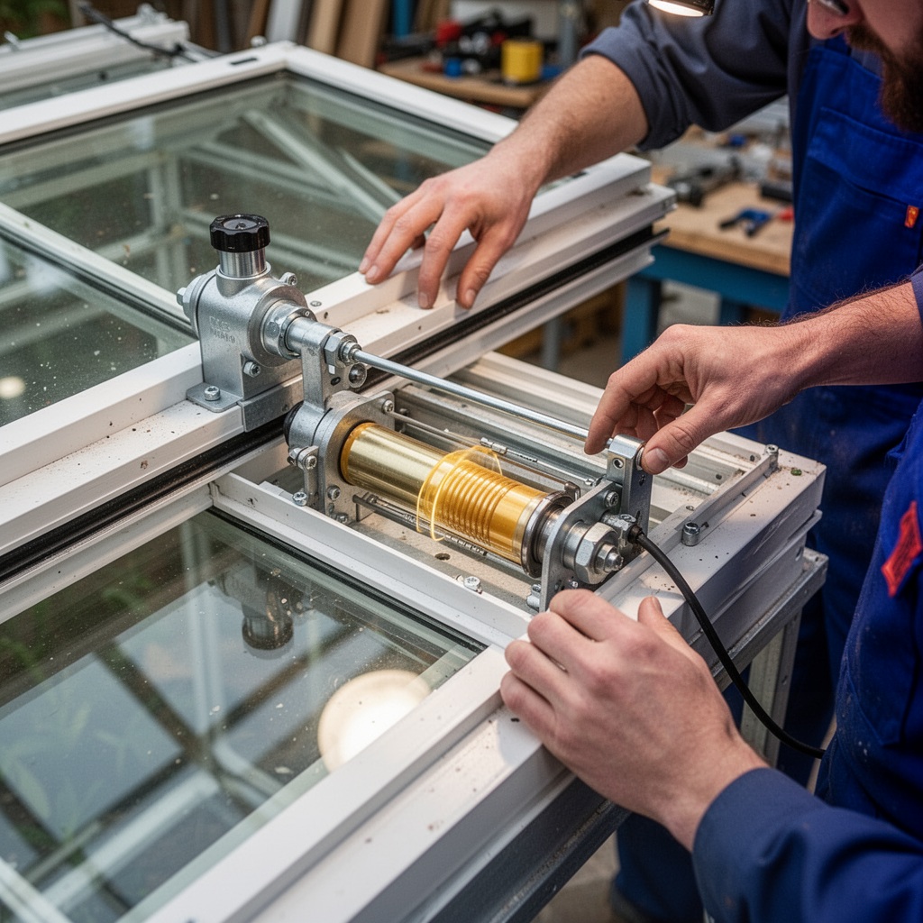 A technician installing a hydraulic automatic greenhouse vent opener onto a roof window frame, showing the internal wax cylinder mechanism clearly.