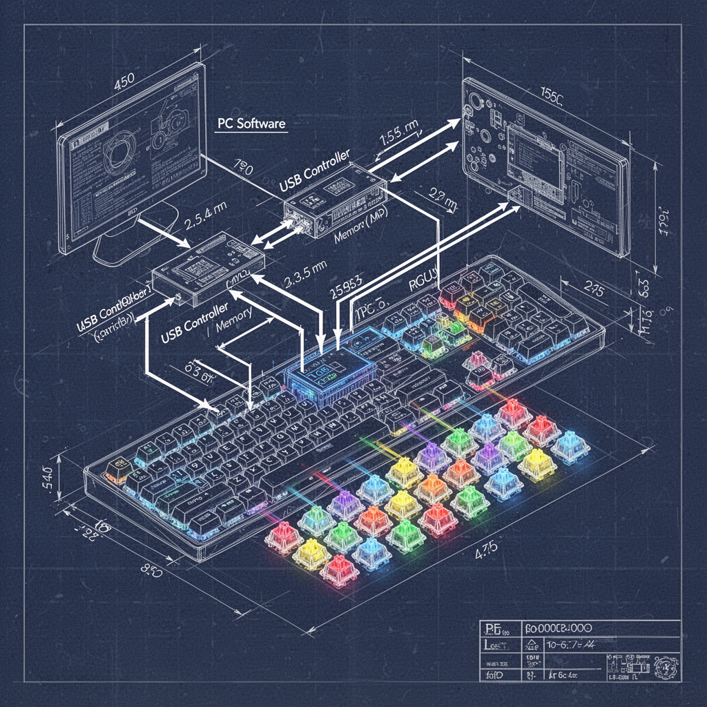 A high-tech, detailed isometric blueprint diagram showing the signal flow from the PC software, through the USB controller, into the keyboard's internal memory (MCU), and finally distributing power to the individual RGB LED modules under each mechanical switch.