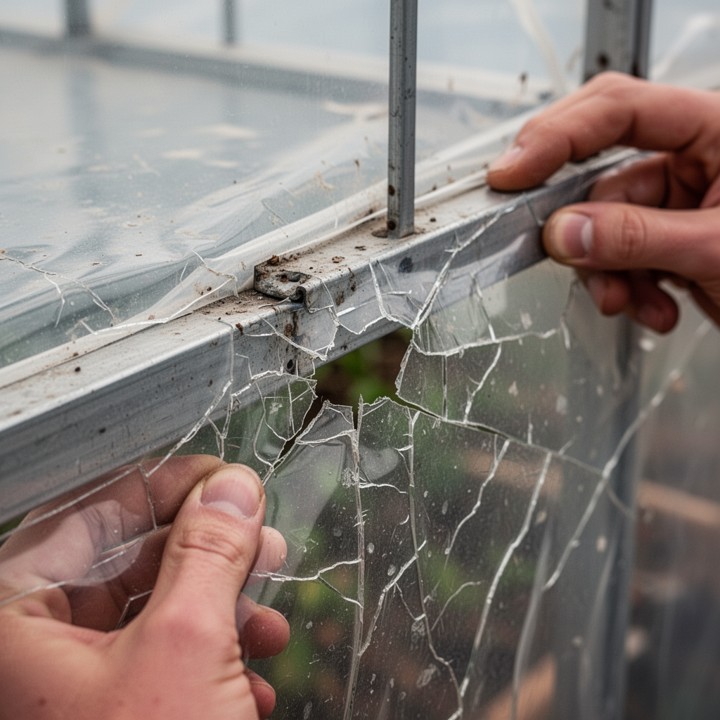 A macro, ultra-realistic photograph showing a close-up of brittle, cracked greenhouse plastic film near a metal frame, showing signs of UV damage and a small starting tear, soft natural lighting, shallow depth of field.