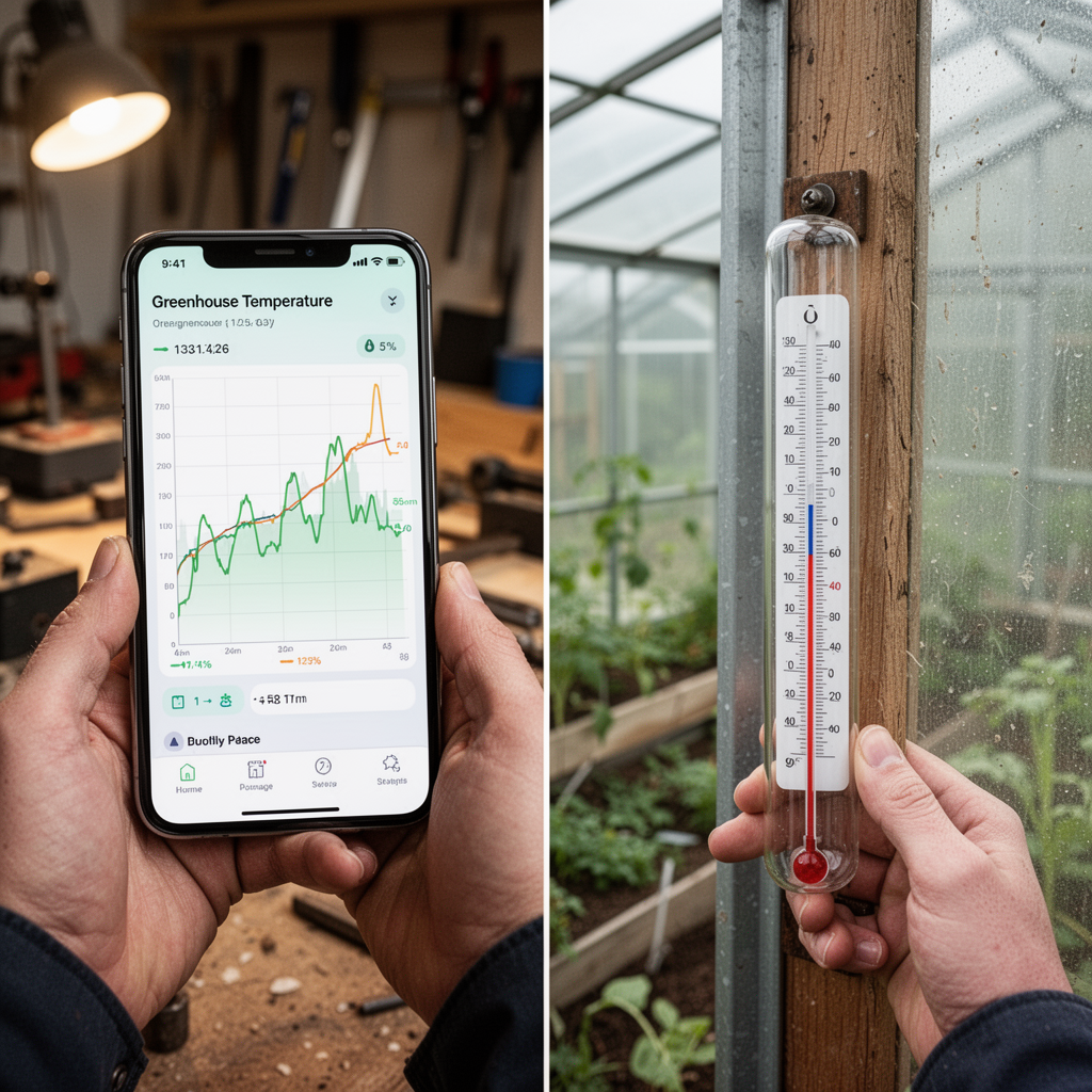 A split-screen comparison photograph showing a modern smart phone app interface displaying a line graph of greenhouse temperature on the left, and a traditional glass-tube thermometer mounted on a greenhouse wall on the right.